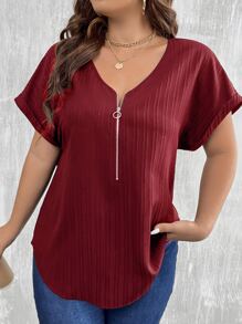 SHEIN LUNE Plus Size V-Neck Zipper Decor Textured Fabric Cuff Folding Edge Short Sleeve Casual Shirt - Burgundy - View 5