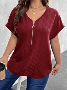 SHEIN LUNE Plus Size V-Neck Zipper Decor Textured Fabric Cuff Folding Edge Short Sleeve Casual Shirt - Burgundy - View 6