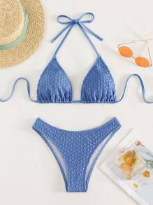 Halter Triangle Summer Beach Bikini Set - Blue - View 1