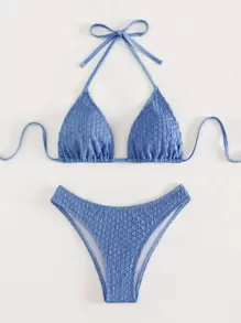 Halter Triangle Summer Beach Bikini Set - Blue - View 3