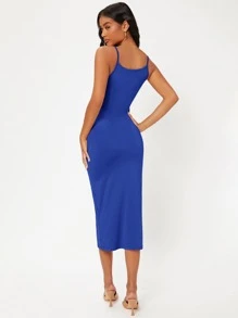 SHEIN BASICS Chất rắn Phù hợp Trượt Giải trí Bữa tối Ngày đêm Đầm - Xanh đậm - Xem 2