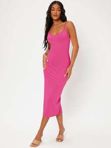 SHEIN BASICS Đầm màu trơn Thanh lịch - Màu Hồng Tươi - Xem 3