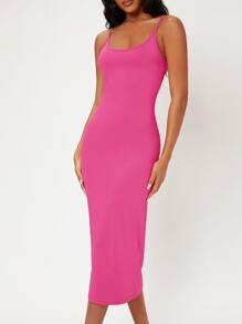 SHEIN BASICS Đầm màu trơn Thanh lịch - Màu Hồng Tươi - Xem 4