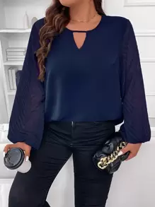 SHEIN Franclia Plus Keyhole Neckline Contrast Mesh Lantern Sleeve Blouse - Navy Blue - View 1