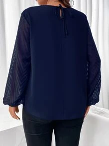 SHEIN Franclia Plus Keyhole Neckline Contrast Mesh Lantern Sleeve Blouse - Navy Blue - View 2