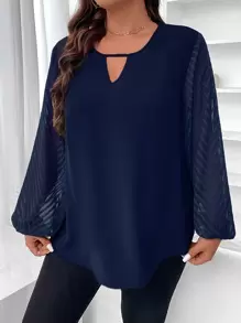 SHEIN Franclia Plus Keyhole Neckline Contrast Mesh Lantern Sleeve Blouse - Navy Blue - View 5