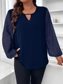 SHEIN Franclia Plus Keyhole Neckline Contrast Mesh Lantern Sleeve Blouse - Navy Blue - View 6