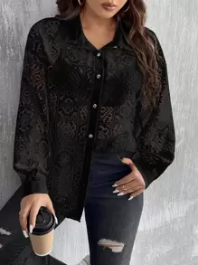 Celure Plus Hollow Out Drop Shoulder Shirt Without Bra - Black - View 1