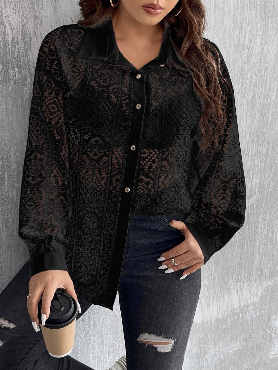 Celure Plus Hollow Out Drop Shoulder Shirt Without Bra - Black - View 1