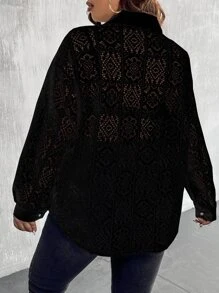 Celure Plus Hollow Out Drop Shoulder Shirt Without Bra - Black - View 2