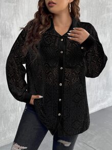 Celure Plus Hollow Out Drop Shoulder Shirt Without Bra - Black - View 4