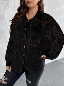 Celure Plus Hollow Out Drop Shoulder Shirt Without Bra - Black - View 5