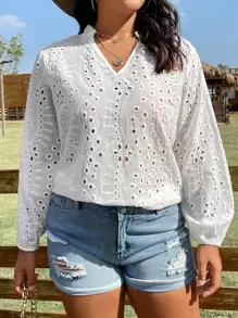 SHEIN LUNE 大碼網眼刺繡缺口領燈籠袖網眼刺繡襯衫 - 白色 - 查看 1