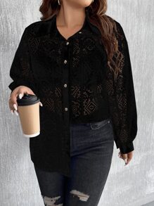 Celure Plus Hollow Out Drop Shoulder Shirt Without Bra - Black - View 6