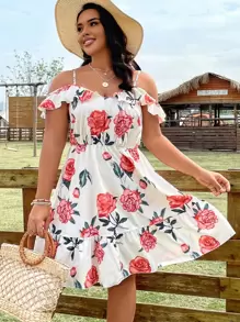 SHEIN Holidaya Vestido con estampado floral de hombros descubiertos bajo con fruncido - Blanco - Ver 1