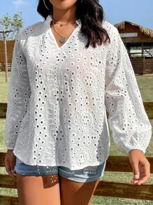 SHEIN LUNE 大碼網眼刺繡缺口領燈籠袖網眼刺繡襯衫 - 白色 - 查看 3