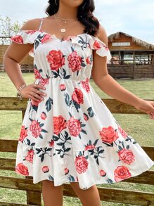 SHEIN Holidaya Vestido con estampado floral de hombros descubiertos bajo con fruncido - Blanco - Ver 3