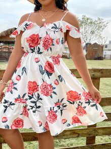 SHEIN Holidaya Vestido con estampado floral de hombros descubiertos bajo con fruncido - Blanco - Ver 4