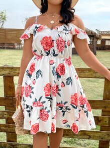 SHEIN Holidaya Vestido con estampado floral de hombros descubiertos bajo con fruncido - Blanco - Ver 5