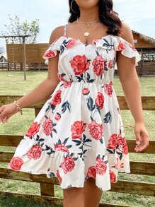 SHEIN Holidaya Vestido con estampado floral de hombros descubiertos bajo con fruncido - Blanco - Ver 6