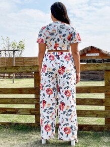 SHEIN Holidaya 大碼印花前打結短款上衣和闊腿褲 - 白色 - 查看 2