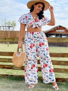 SHEIN Holidaya 大碼印花前打結短款上衣和闊腿褲 - 白色 - 查看 3