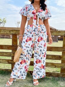 SHEIN Holidaya 大碼印花前打結短款上衣和闊腿褲 - 白色 - 查看 4