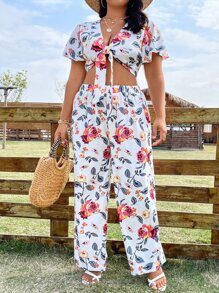 SHEIN Holidaya 大碼印花前打結短款上衣和闊腿褲 - 白色 - 查看 5