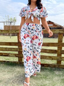 SHEIN Holidaya 大碼印花前打結短款上衣和闊腿褲 - 白色 - 查看 6