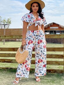 SHEIN Holidaya 大碼印花前打結短款上衣和闊腿褲 - 白色 - 查看 7