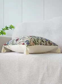 1pc Tassel Decor Flower Jacquard Cushion Cover Without Filler, Boho Canvas Flower Design Decorative Cushion Cover For Sofa