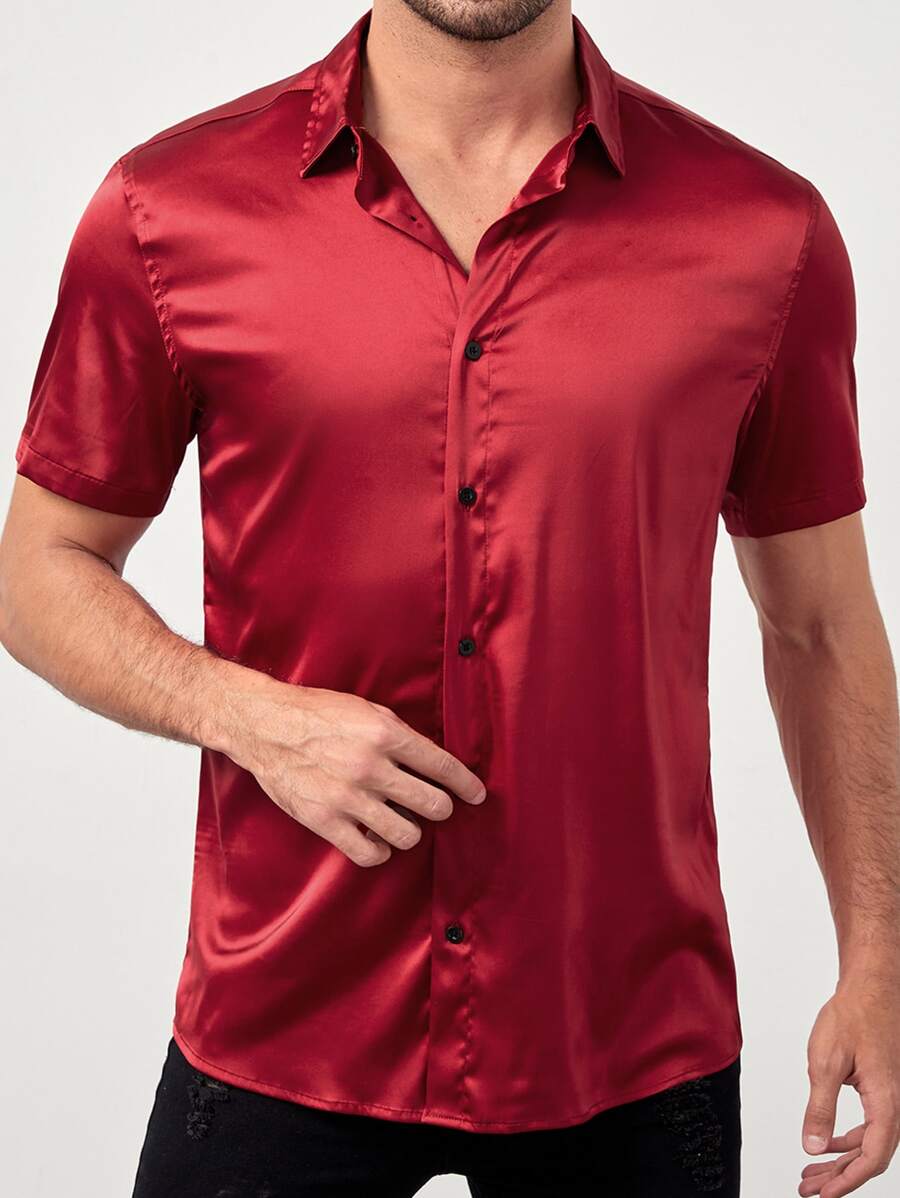 Manfinity Men Solid Satin Shirt - Rose Red - View 1