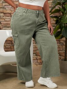 SHEIN CURVE+ Plus Flap Pocket Side Cargo Jeans - Army Green - View 3