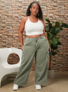 SHEIN CURVE+ Plus Flap Pocket Side Cargo Jeans - Army Green - View 5