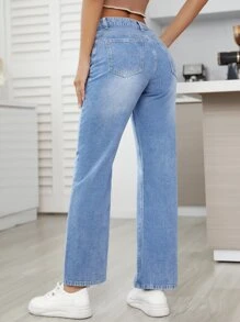 SHEIN Essnce High Waist Straight Leg Jeans - Medium Wash - View 2