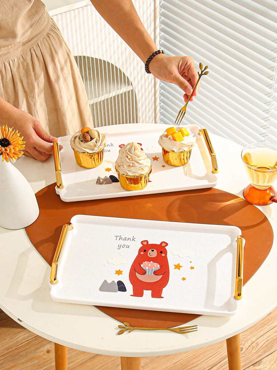 1 pieza Bandeja con estampado de dibujos animados con estampado de oso de dibujos animados doble asa para escritorio - Blanco - Ver 1