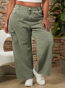 SHEIN CURVE+ Plus Flap Pocket Side Cargo Jeans - Army Green - View 6