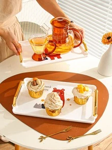 1 pieza Bandeja con estampado de dibujos animados con estampado de oso de dibujos animados doble asa para escritorio - Blanco - Ver 2