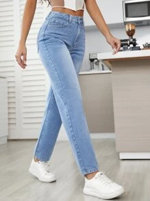 SHEIN Essnce High Waist Straight Leg Jeans - Medium Wash - View 1