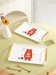 1 pieza Bandeja con estampado de dibujos animados con estampado de oso de dibujos animados doble asa para escritorio - Blanco - Ver 4