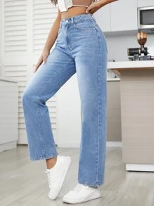 SHEIN Essnce High Waist Straight Leg Jeans - Medium Wash - View 4