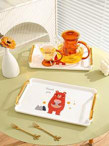 1 pieza Bandeja con estampado de dibujos animados con estampado de oso de dibujos animados doble asa para escritorio - Blanco - Ver 5