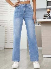 SHEIN Essnce High Waist Straight Leg Jeans - Medium Wash - View 6