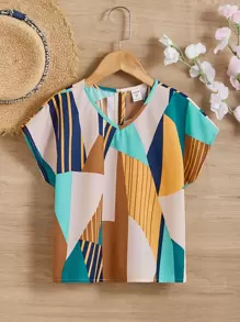 SHEIN Girls Striped & Geo Print Batwing Sleeve Blouse - Multicolor - View 1