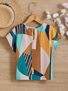 SHEIN Girls Striped & Geo Print Batwing Sleeve Blouse - Multicolor - View 2