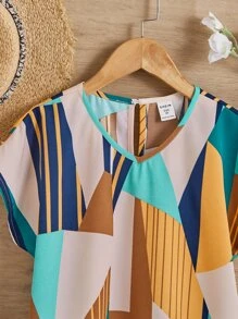 SHEIN Girls Striped & Geo Print Batwing Sleeve Blouse - Multicolor - View 5