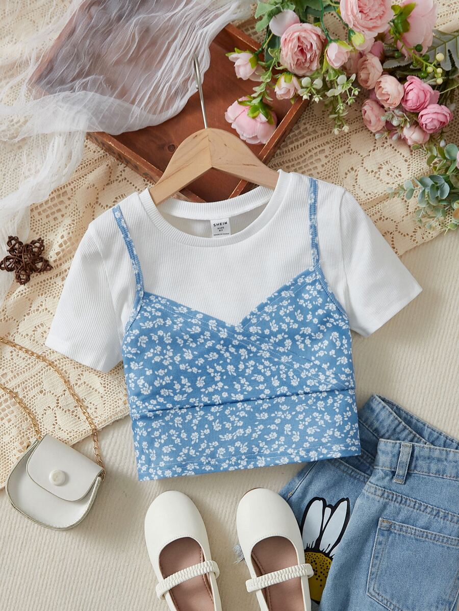 SHEIN Girls Ditsy Floral Print 2 In 1 Tee - Blue and White - View 1