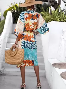 GENKIRA Allover Print Batwing Sleeve Split High Dress - Multicolor - View 2