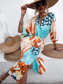 GENKIRA Allover Print Batwing Sleeve Split High Dress - Multicolor - View 3