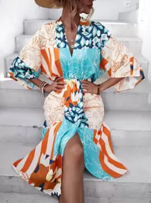 GENKIRA Allover Print Batwing Sleeve Split High Dress - Multicolor - View 4